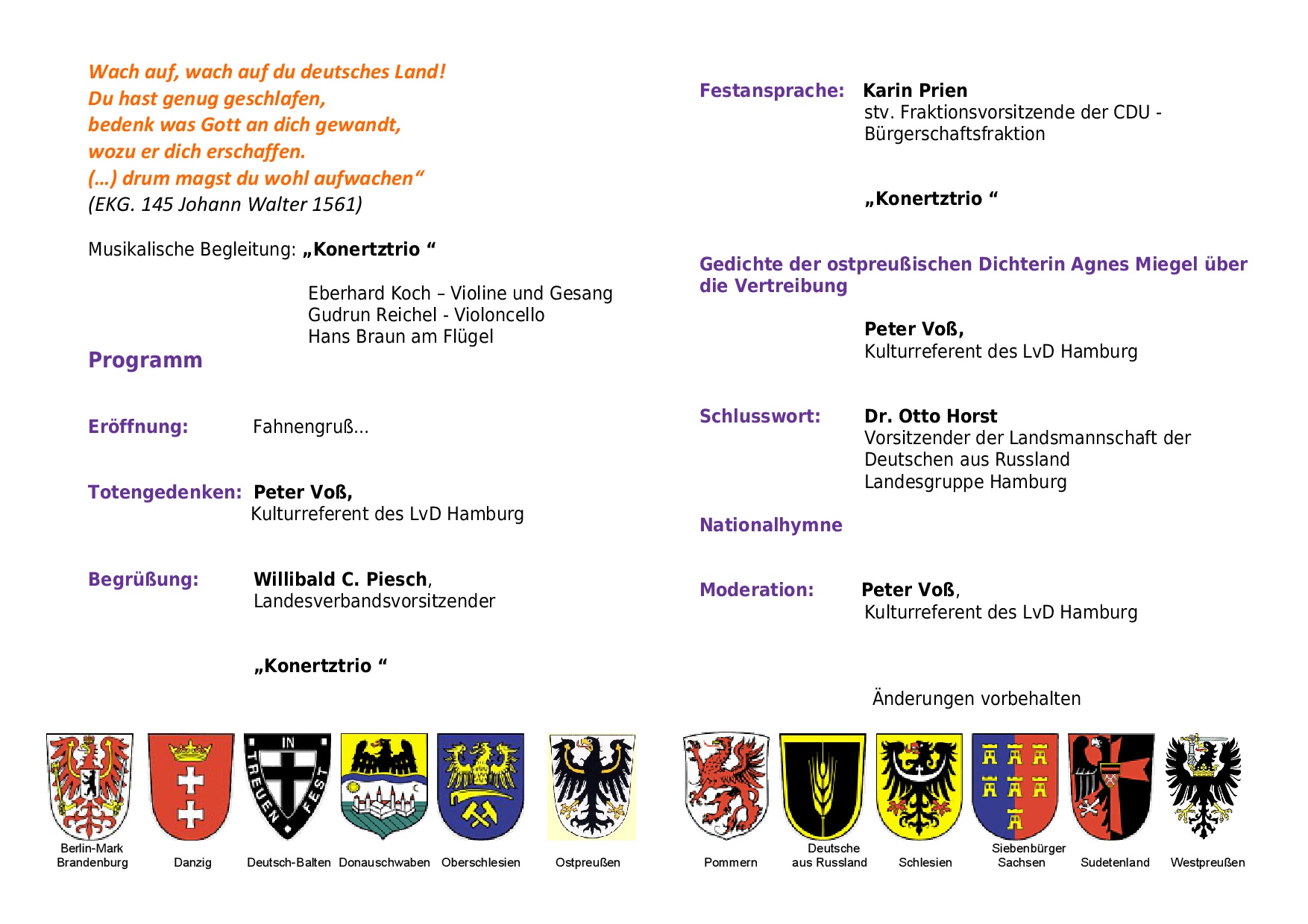 Programm zum Tag der Heimat am 18.9.2016